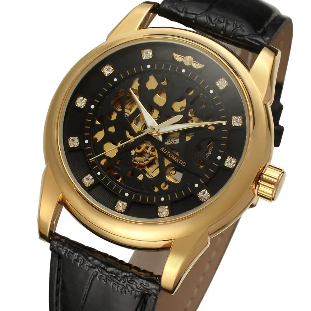 

Winner Royal Diamond Design Black Gold Watch Montre Homme Mens Watches Top Brand Luxury Relogio Male Skeleton Mechanical Watch