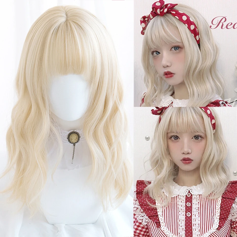 Cosplay Lolita High Temperature Resistant Fiber Synthetic Wig Female Big Wavy Long Curly Hair Pale Golden Daily Girl | Шиньоны и парики