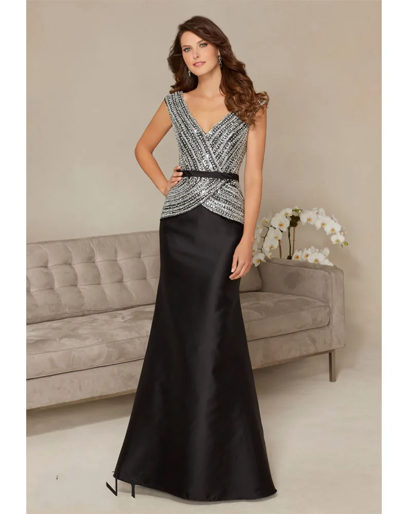 

Robe de Soiree Black Double V-neck Crystal Beading Mermaid Floor Length Formal Evening gown 2018 mother of the bride dresses
