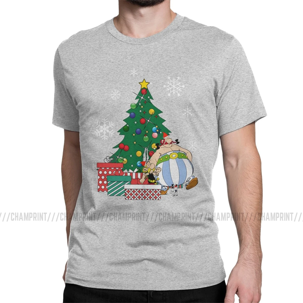 Мужская футболка Астерикс и Обеликс вокруг рождественской елки, хлопковые топы Getafix Dogmatix, футболка с коротким рукавом, подарок на день рождения, футболки - Цвет: Серый