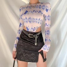 

Women's Retro Graffiti Printed Long-sleeved Bottoming Fall All-match Slim T-shirt Slim Indie New Bodysuit Bodys Para Mujer Bodys