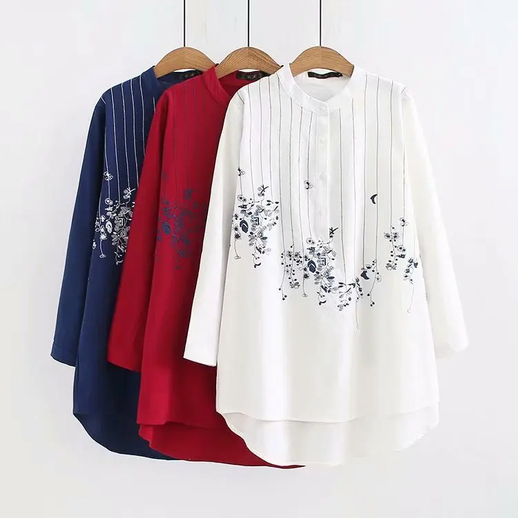 

2020 Plus size mandarin collar long sleeve blouses women Embroidered red & white & dark blue shirt Spring & autumn ladies tops