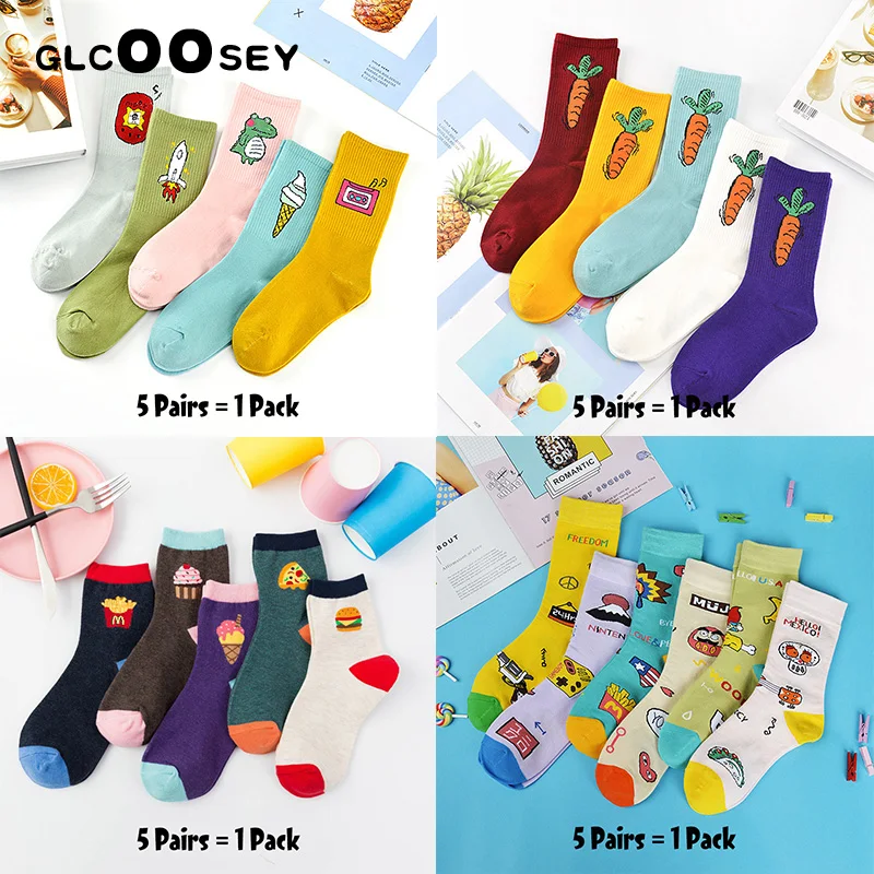 5 пар, женские хлопковые носки с героями мультфильмов, пара художественных женских носков с рисунком, милые хипстерские модные носки с вышивкой животных