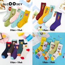 5 пар, женские хлопковые носки с героями мультфильмов, пара художественных женских носков с рисунком, милые хипстерские модные носки с вышивкой животных