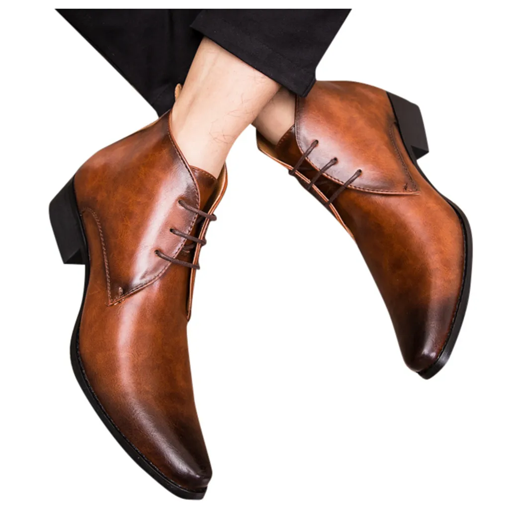 Pointed Toe British Style Men's Autumn And Winter Glossy leather Black Thick Mid Heel Boots Business Male High-tops botas hombre