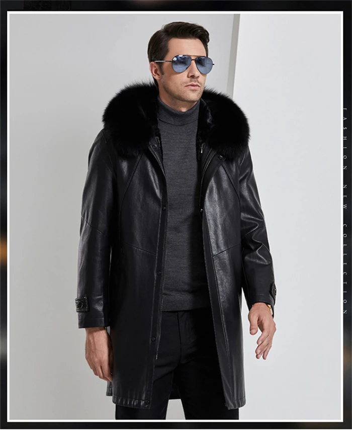 Новинка, зимняя Длинная кожаная куртка высокого качества с воротником из лисьего меха, утолщенная теплая куртка с капюшоном и подкладкой Parker, Мужская брендовая одежда