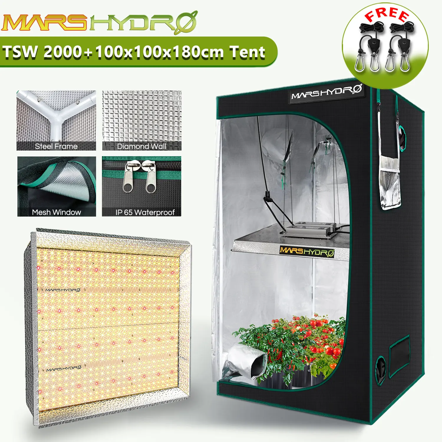 Mars Hydro TSW 2000W LED Grow Light Panel Full Spectrum + 100x100x180cm Kits Tent Hydroponics