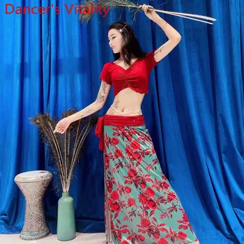 

Oriental belly dance training suit 2020 summer new Lady Bellydance Set Bling Short Sleeves top+Floral Skirt Dance Outfit
