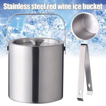 

Round Double Stainless Steel Beer Keg Single Layer Handle Red Wine Ices Bucket 1.3L Ice Bucket Container with Ices clip H99F