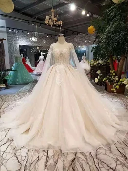 

BGW 2021119ht Light Champagne Wedding Gown With Long Cape Illusion O-neck Lace Up Back Wedding Dress Ball Gown From Real Factory