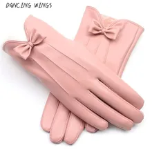 Новое поступление женские зимние теплые модные розовые перчатки из искусственной кожи с бантом