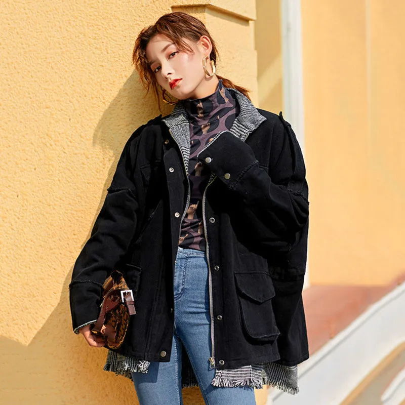 

LANMREM 2020 New Spring Solid Color Zipper Thicken Jacket Women Streetwear Warm Wild Fake Two Safari Style Casual Coat PD512