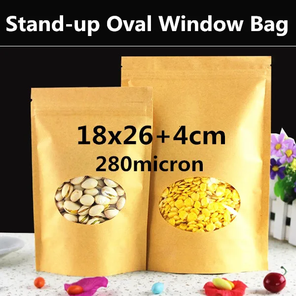 

New 50pcs 18x26+4cm Large Kraft Paper Oval Window Bag Paper Ziplock Bag Plastic Window Zip Bag