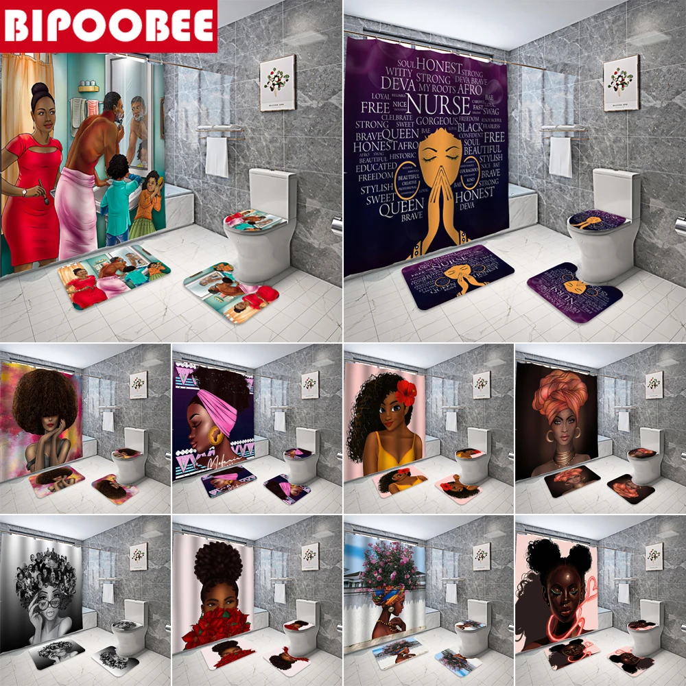 African American Shower Curtain Fashion Girl Bathroom Set Pedestal Anti-slip Carpet Toilet Cover Floor Mat Fabric Bath Curtains | Дом и сад
