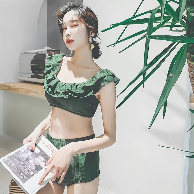 

South Korea INS ~ Split Type Bikini Sexy Dark Green off-Shoulder Frilled Small Bust Gathering High-waisted Swimsuit Women's
