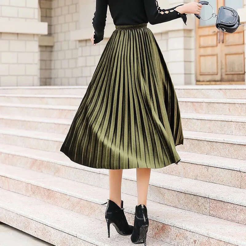 RuiLee Chic office Elegant Women Long Metallic Silver Maxi Pleated Skirt Midi Skirt High Waist Elascity Casual Party