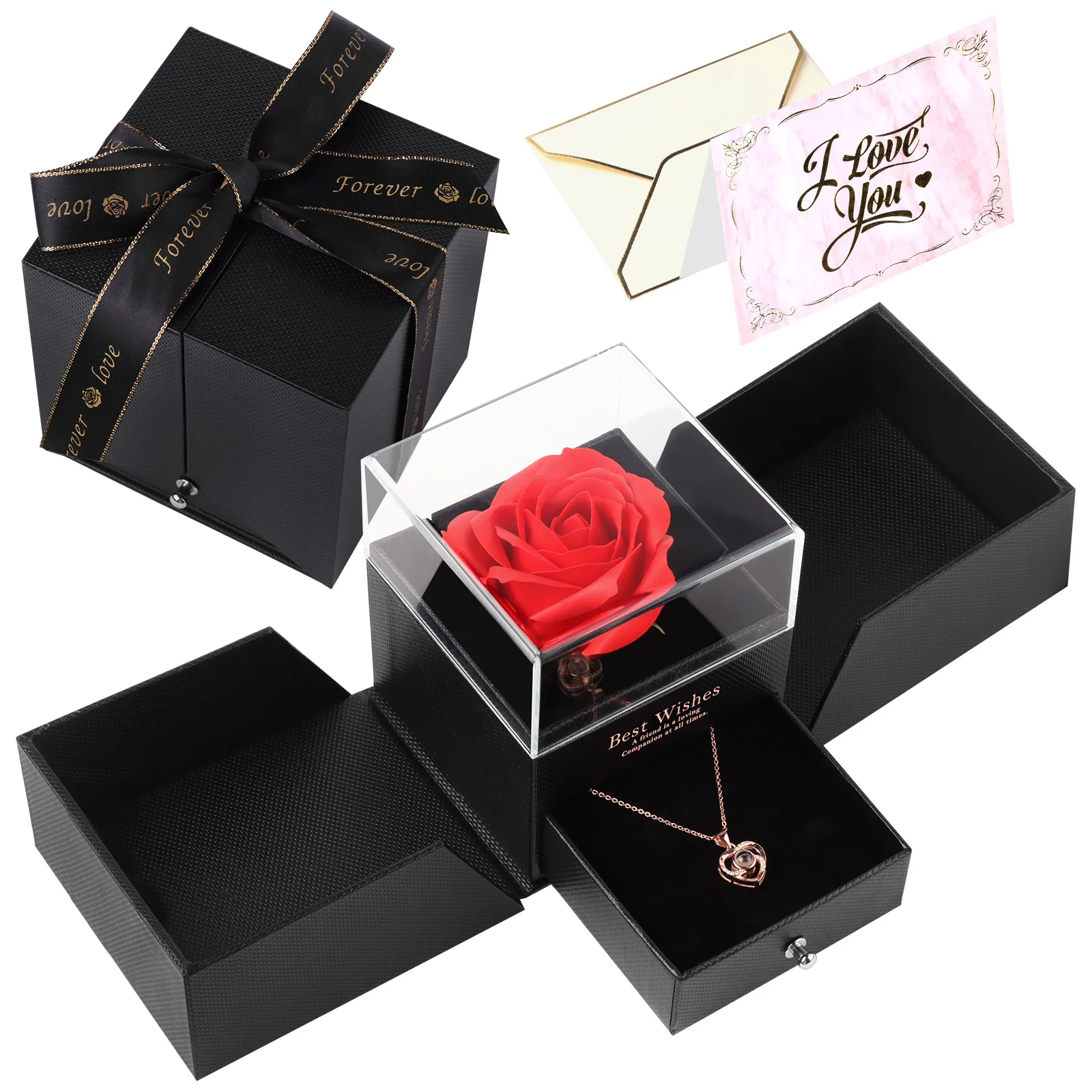 Behogar Eternal Flower Soap Rose Jewelry Box with Heart Necklace Romantic Surprise Gift for Wife Girlfriend on Valentine Day