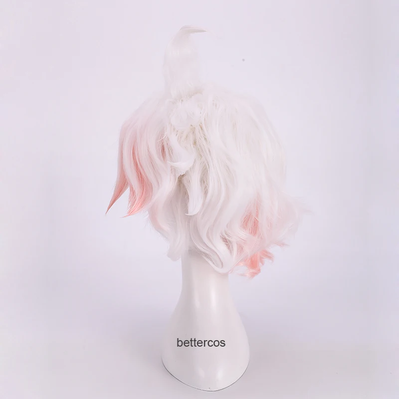 Danganronpa Dangan Ronpa Nagito Komaeda-Peluca de cabello sintético resistente al calor, pelo corto degradado blanco y rosa rizado + gorro de peluca