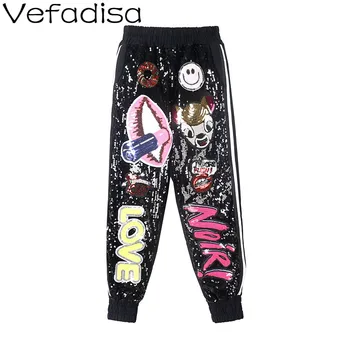 

Vefadisa Cartoon Print Harem Pants Sequin Women Pants 2020 Summer Elastic Waist Casual Ankle-Length Pants Black White QYF2406
