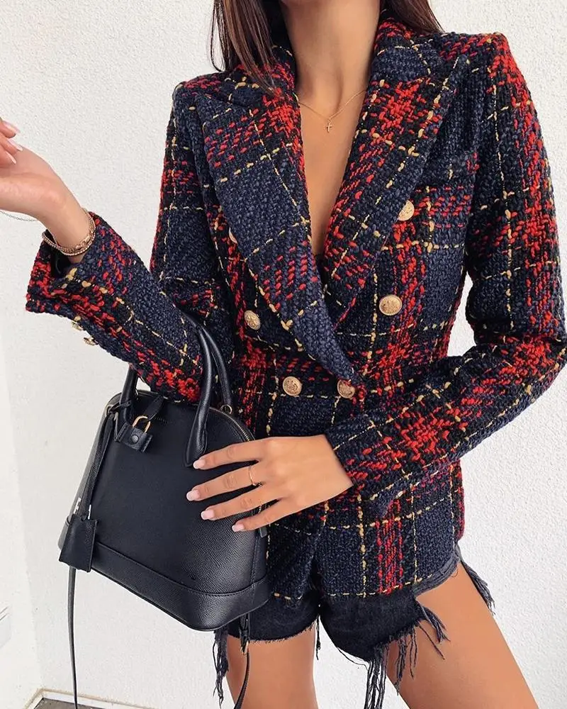 2020 Yesexy Autumn Winter Notched Neck Grid Breasted Button Women Blazer Jacket Long Sleeve High Sweet Coat MQ256 | Женская одежда