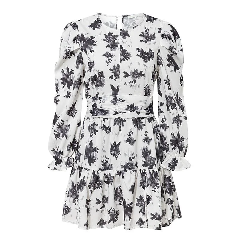 

Elegant O-neck Short Bodycon Party Dress Streetwear Floral Print Long Sleeve Dress Puff Sleeve Ladies Autumn Chic Work Dress