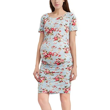 

New Women Round Neck Short Sleeve Pleated Print Maternity Dress Maternity Bodycon Dress