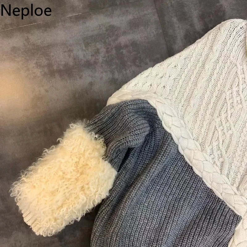 Neploe, новинка, отложной воротник, длинный рукав, из овечьей шерсти, свитер на молнии, необычный дизайн, кардиганы, толстая шнуровка