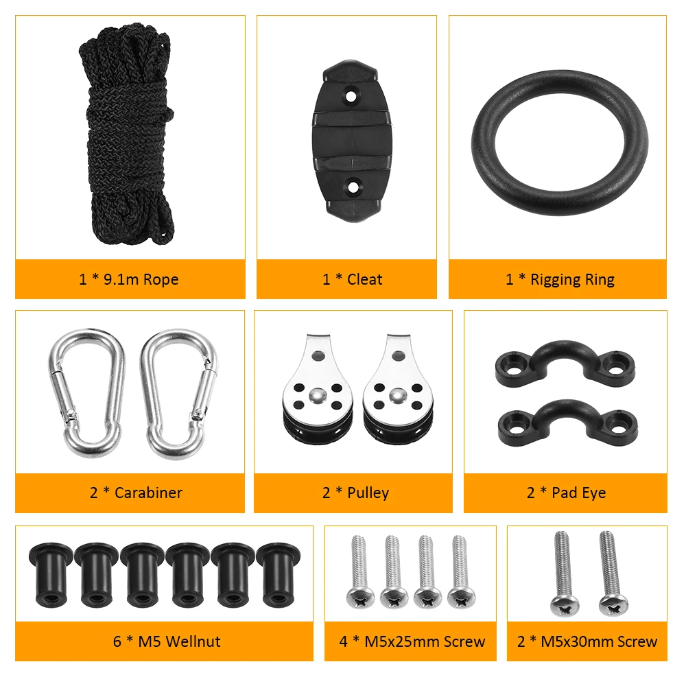 21PCS Kayak Canoe Anchor Trolley Kit Zig Zag Cleat Rigging Ring Pulleys Padd Eyes Wellnuts Screws Kayak Accessories
