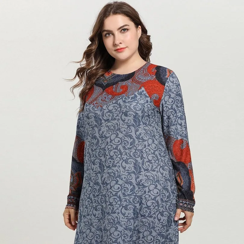 Серое Женское винтажное повседневное длинное платье с принтом Тотем размера плюс с длинным рукавом эластичное мусульманское абайя, арабское платье Vestidos 3XL 4XL
