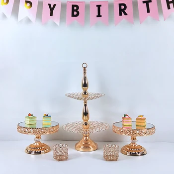 

3-7 pcs Gold Birthday party Golden Crystal Wedding Crystal Round Metal Set Mirror Dessert Cake Stand