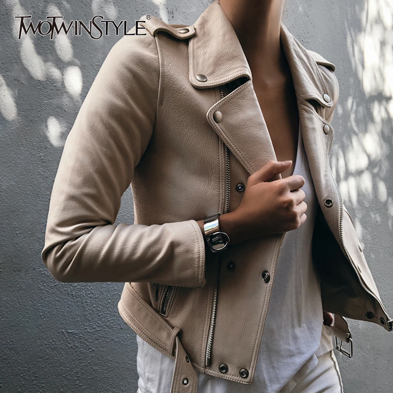 

TWOTWINSTYLE PU Leather Women's Jacket Lapel Collar Long Sleeve Pocket Zipper With Sashes Female Jackets 2019 Autumn Fashion New