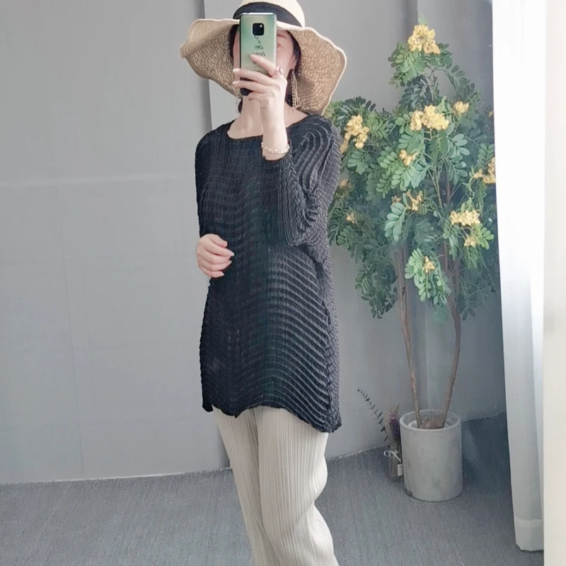 MIYAKE Fold/дизайнерская Осенняя однотонная нестандартная футболка большого размера с длинными рукавами