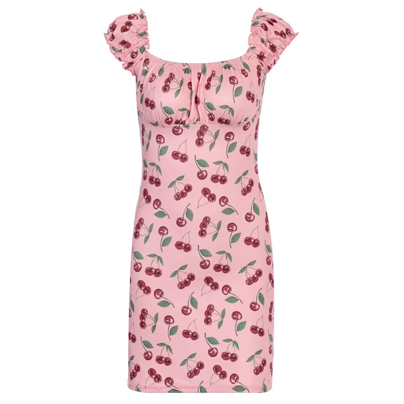 French Romance Retro Dresses Women Casual Cherry Print Square Collar Dresses Ruffles Puff Sleeve Mini Sweet Dresses Lady 2020