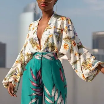 

Women Summer Printed Blouse V Neck Tops Shirt Long Lantern Sleeves Elegant Femme African Fashion Female Bluas Large Size Ladies
