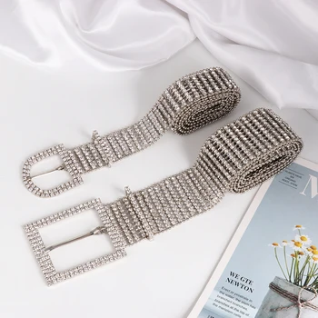 

Women's Luxury Rhinestone Wide Belt Silver For Female Fashion Waist Bride Wedding Crystal Diamond Chain Elastic Pearl Belt
