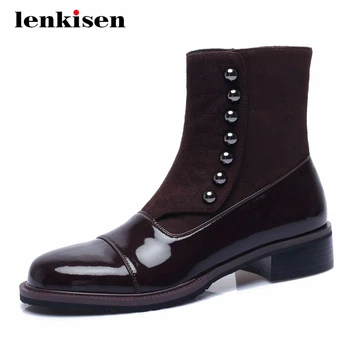 

Lenkisen british school natural leather metal decorations high quality round toe thick med heel zipper superstar ankle boots L22
