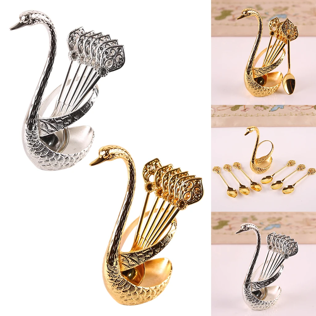 Stainless Steel Creative Dinnerware Set Decorative Swan Base Holder with 6 Spoons for Coffee Fruit Dessert Stirring Mixing cutlery set,western style cutlery set,picnic cutlery set,stainless steel cutlery set