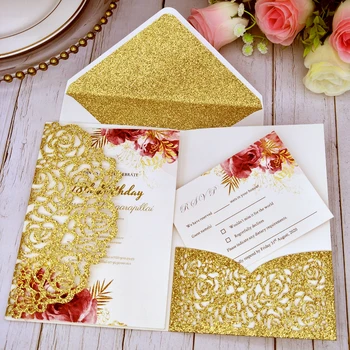 

50X Glitter Wedding Invitations Gold Sprinkle Personalized Printing Laser Cut Invitation Cards for Quiceanera Graduation Invites