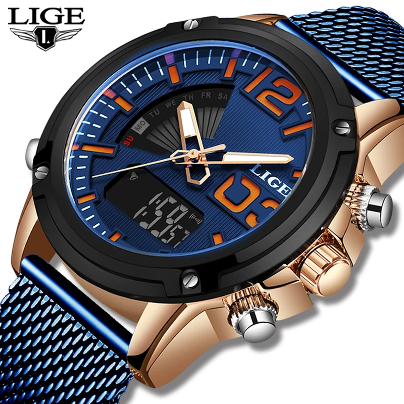 

Relogio Masculino LIGE New Watches Mens Top Brand Luxury Fashion Men Watch Analog Quartz Dual Display Waterproof Blue Watch