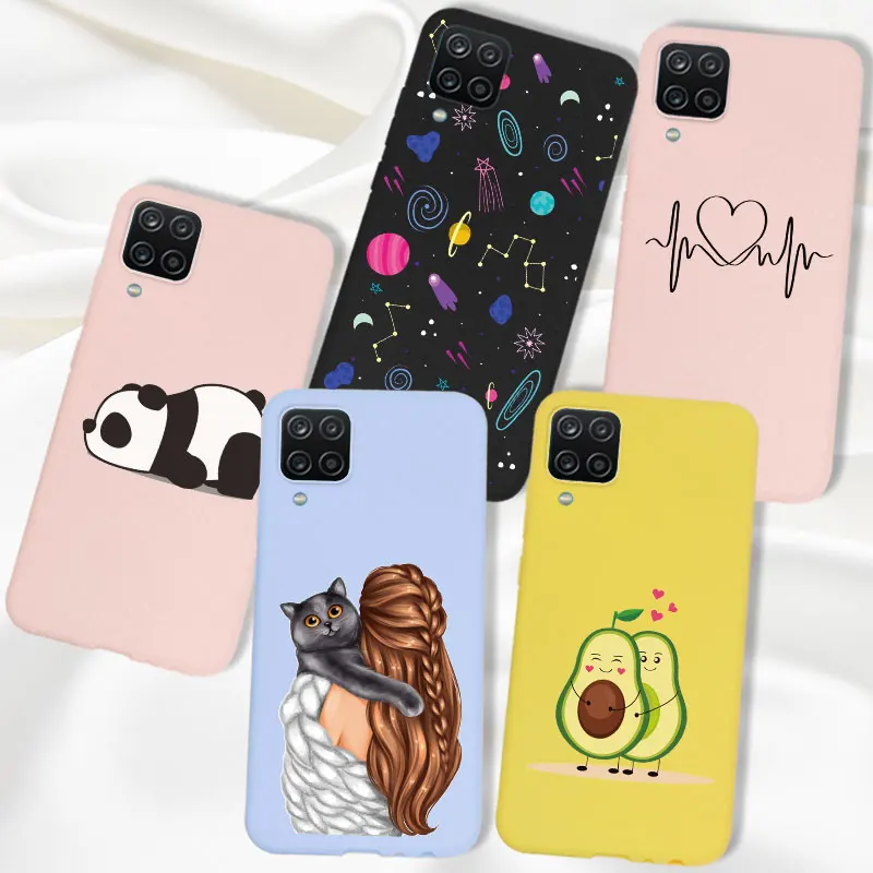 Cartoon Case For Samsung Galaxy M12 4G Silicone Cute Back Cover Pink Purple Funda M 12 Avocado Cat Fox | Мобильные телефоны и