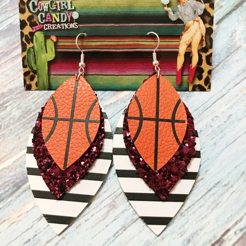 

3d glitter basketball earrings three layers leather teardrop leaf earrings we can customize your sample