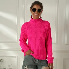 Loose Long Sleeve Ladies Knit Sweater Pink Half Turtleneck Women Pullover Sweater Fashion Pink Loose Lady Turtleneck Sweater