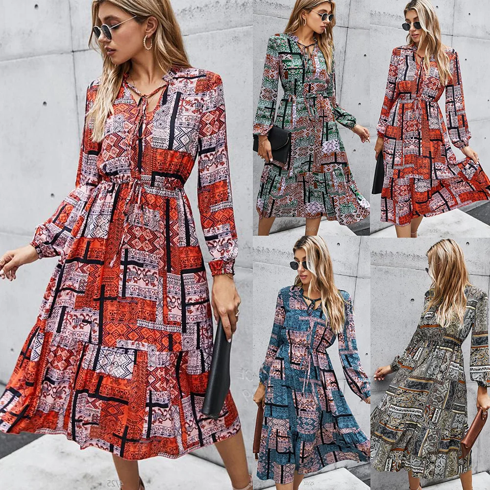 

Design Women's Autumn 2020 Classic Contrast Printed Dress Thin Women Vestido