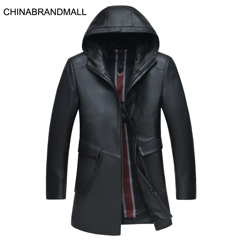 

Men Genuine Leather Coat Fat Man Plus Fat Plus Size Medium Length Money With Cap Sheepskin Windbreaker Leisure
