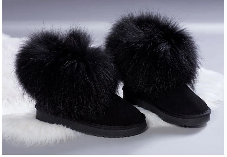 Новинка; модные женские ботинки; черные зимние ботинки с натуральным лисьим мехом; водонепроницаемые ботильоны из натуральной коровьей кожи; женские зимние ботинки; обувь