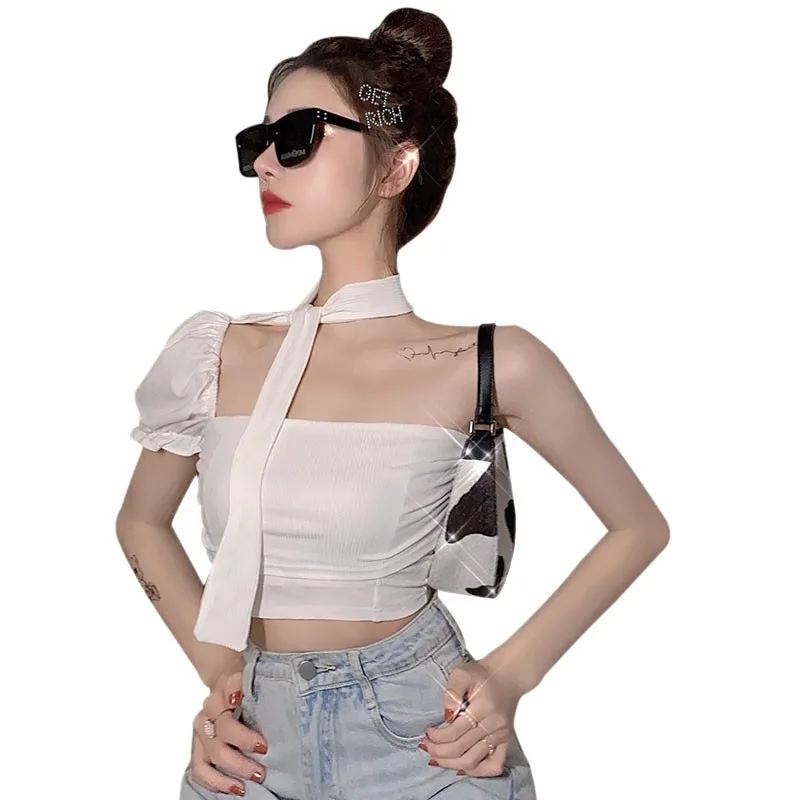 Women's t-Shirts Korean Skew Collar t-Shirt Puff Sleeve Halter Slim Thin Navel Top Saco Camiseta White One Size Sexy Gown | Женская