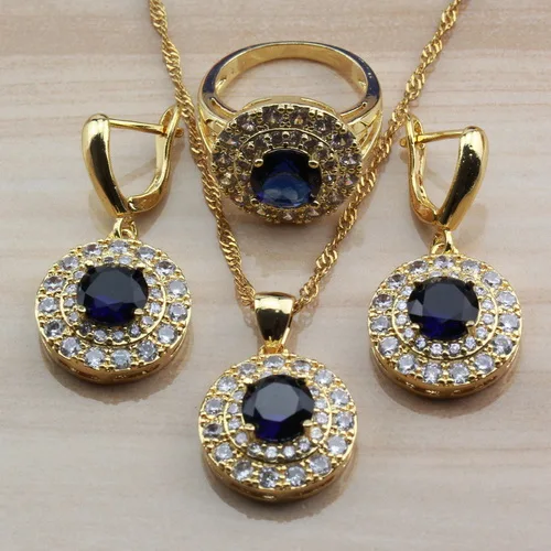 Удивительные круглые синие фианиты желтого золота цвета комплекты украшений для женщин Африка колье, ожерелье, браслет кольцо наборы - Окраска металла: 3PCS