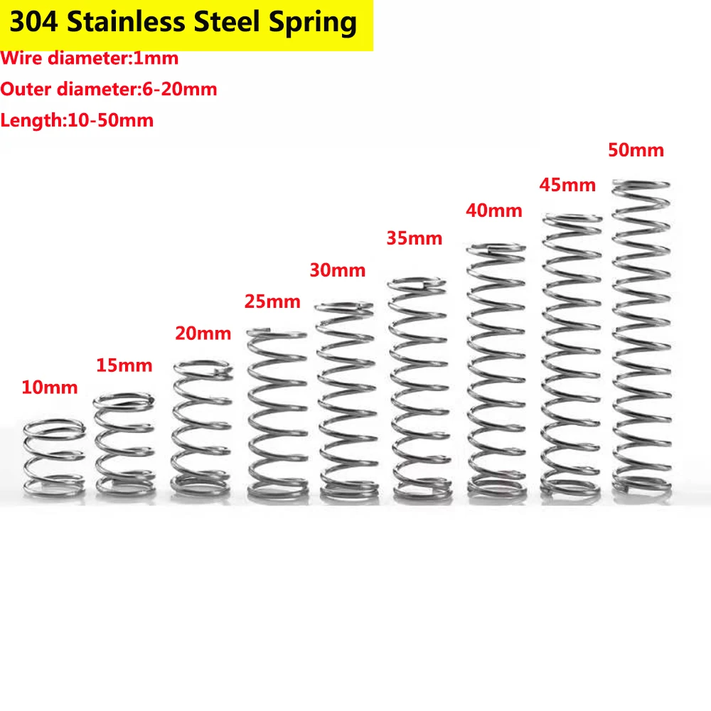 

304 Stainless Steel Compression Spring Return Pressure Springs Wire Diameter 1mm Outer Dia 6-20mm Length 10-50mm
