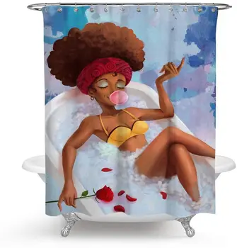 

African American Female Artistic Sexy Bikini Black Woman Lying On Bathtub With Puppy Bubble Gun Dhower Curtain Set With Hook