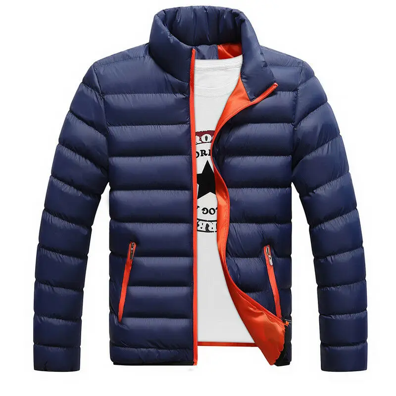 Winter Jacket Men New Cotton Padded Thick Jackets Parka Slim Fit Long Sleeve Quilted Outerwear Clothing Warm Coats - Color: Navy Blue